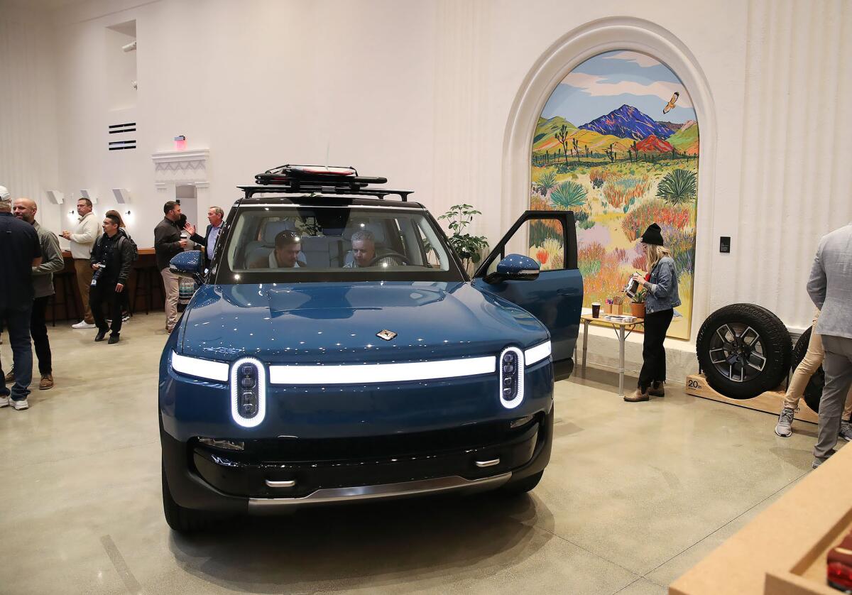 A Rivian electric truck in the Rivian South Coast Theater during a dedication event on Friday in Laguna Beach.