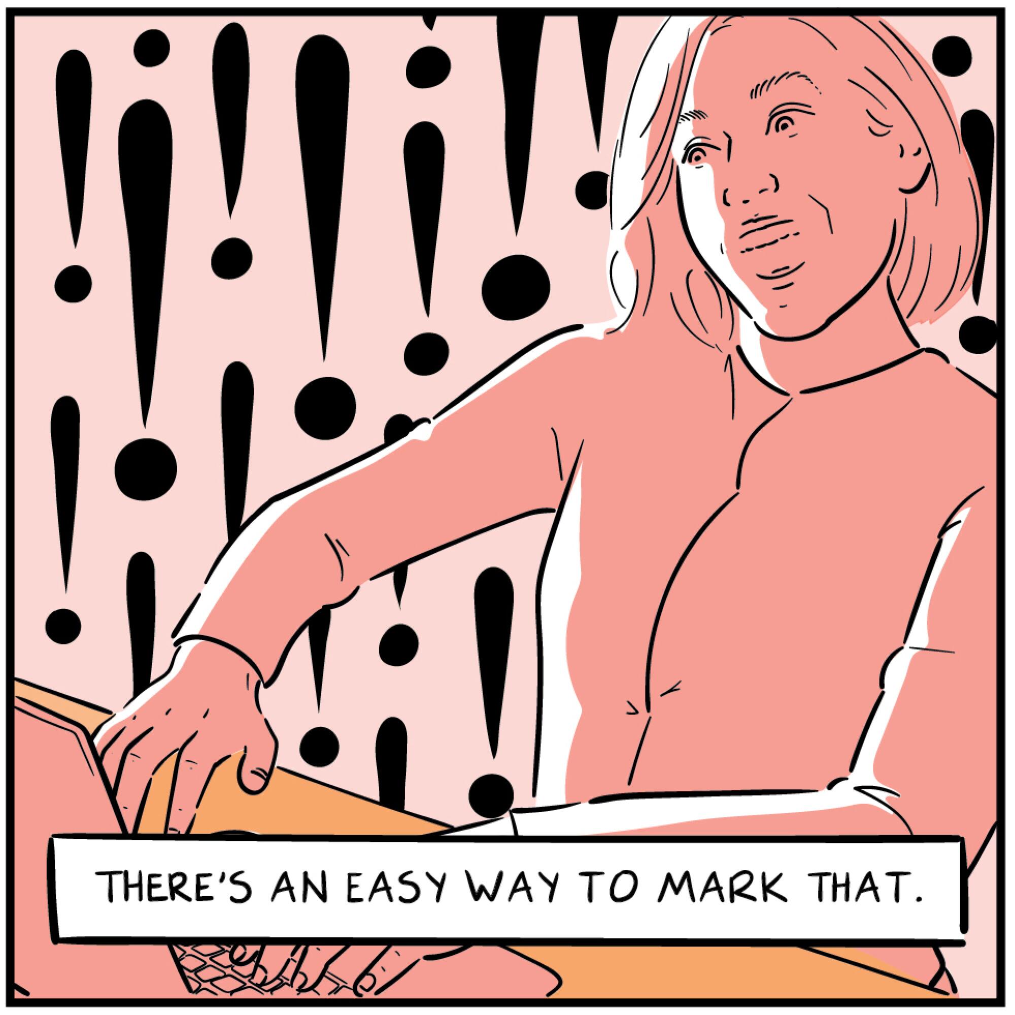 Comic panel of a woman typing enthusiastically with exclamation points in the background
