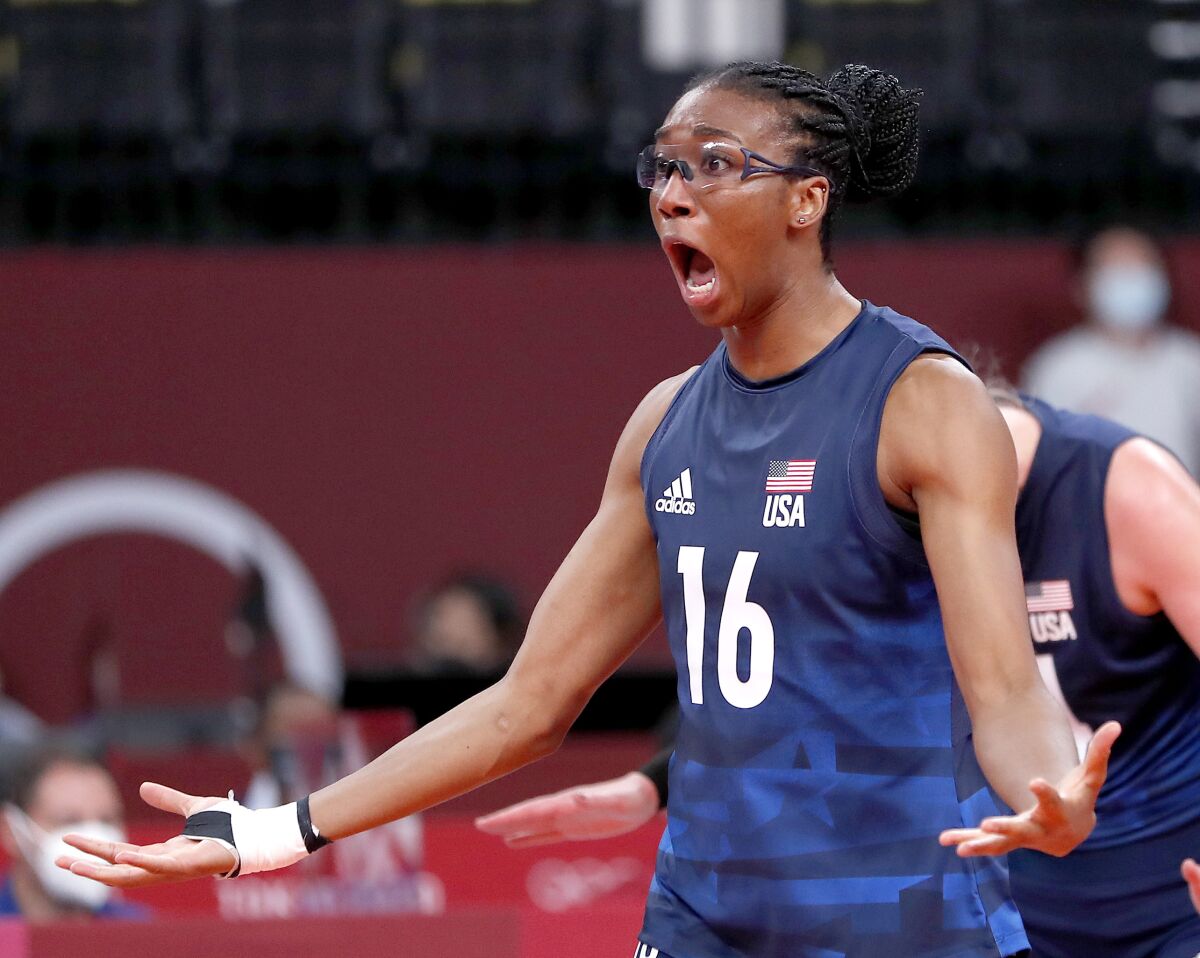 U.S. women's volleyball player Foluke Akinradewo Gunderson reacts during Friday's match against Serbia.