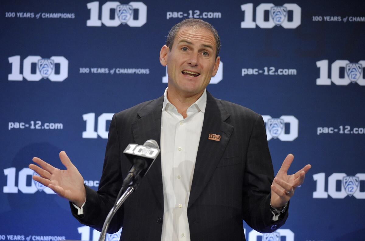 Pac-12 Commissioner Larry Scott speaks during the 2015 Pac-12 football media days in Burbank.