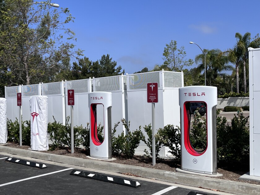 The new Tesla charger stations at Torrey Hills Center.