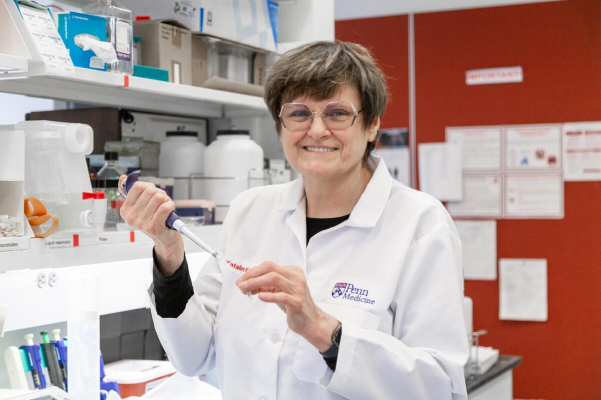 Katalin Karikó, recipient of the 2023 Nierenberg Prize for Science in the Public Interest, is pictured in a Pennsylvania lab.