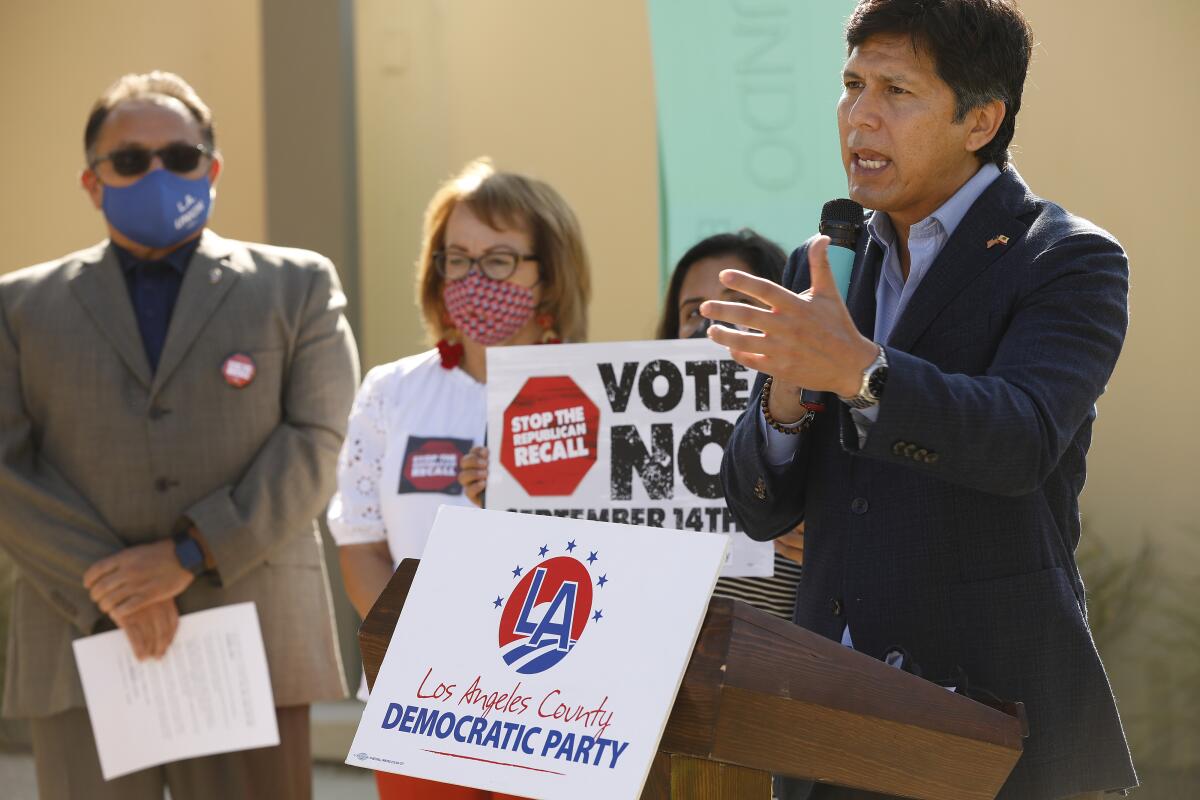 L.A. City Councilman Kevin de León urges Latinos at a rally to vote no on the recall.