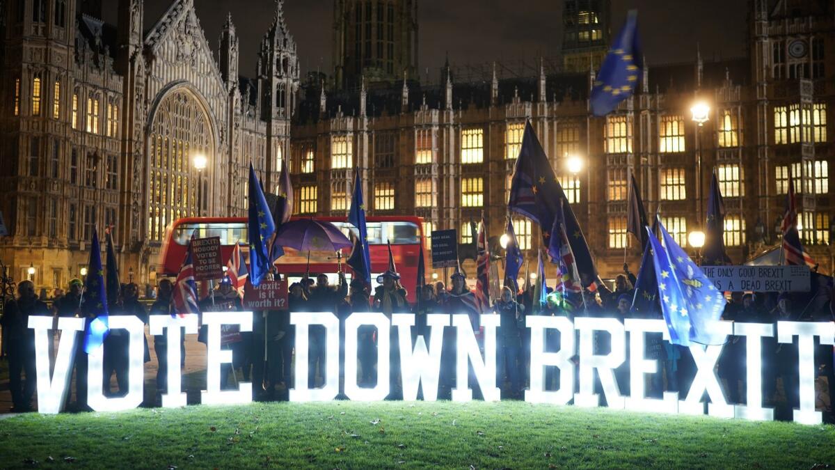 Demonstrators protest the "Brexit" deal outside British Parliament on Dec. 10, 2018.