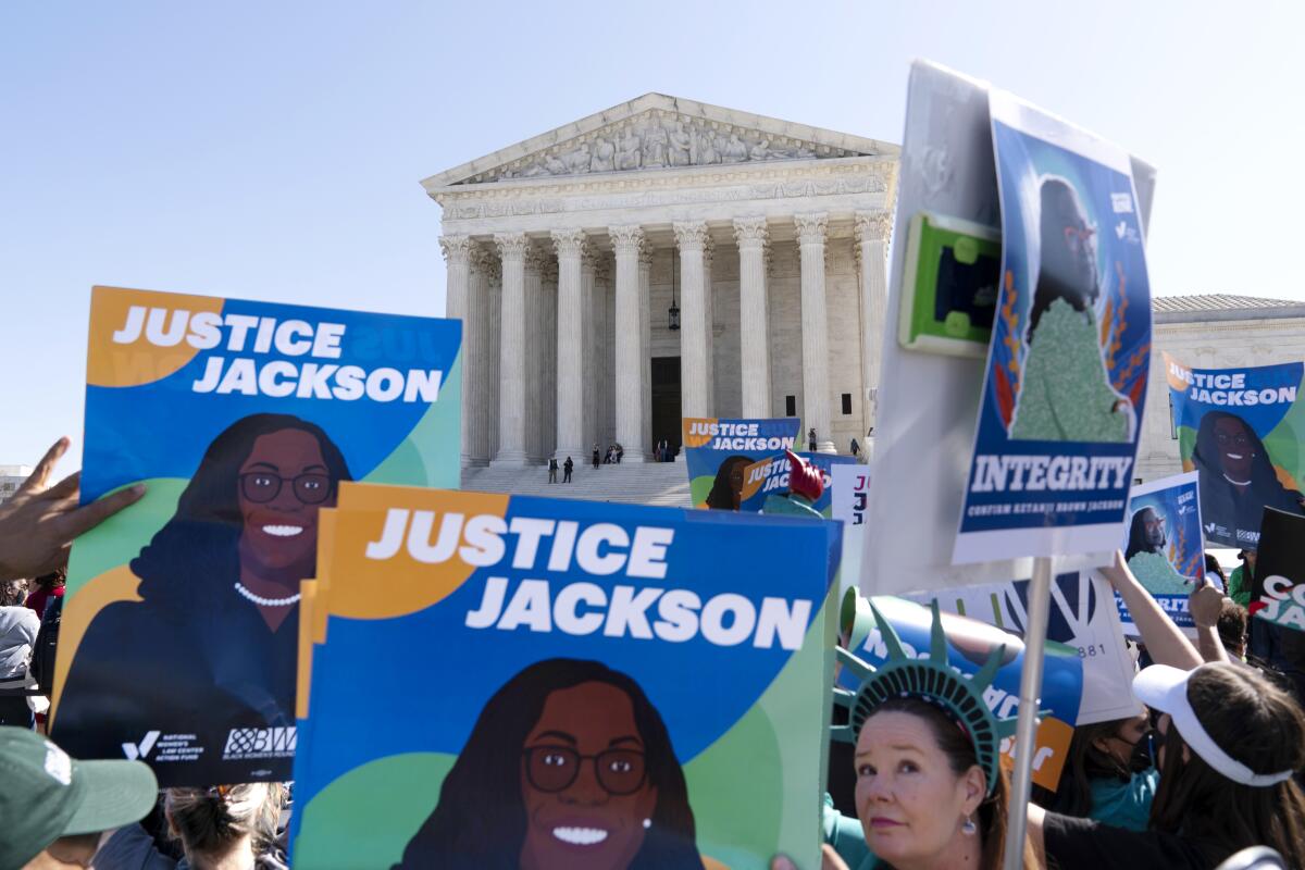Supporters of the confirmation of Judge Ketanji Brown Jackson rally outside of the Supreme Court