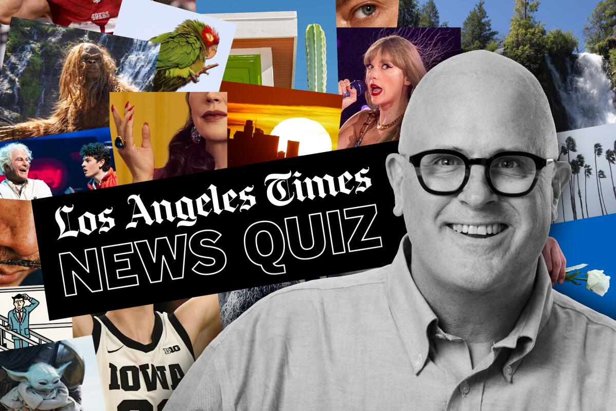 The author set against a collage of photos pulled from previous news quizzes.
