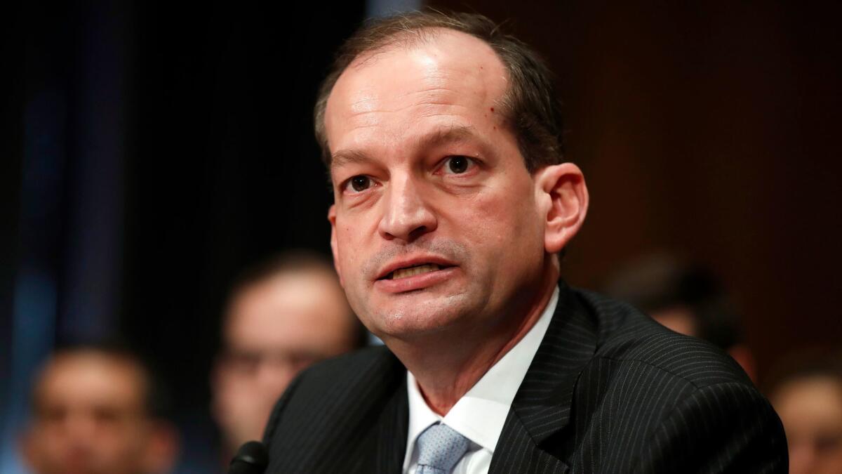 Labor Secretary Alexander Acosta, shown in March, called the proposed merger “a common-sense” move.