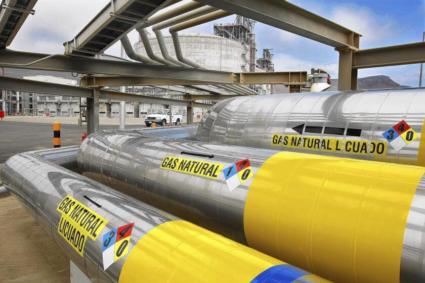 When Sempra Energy's facility in Hackberry, La., becomes fully operational, it will be capable of exporting about 1.7 billion cubic feet a day of liquefied natural gas for export to gas-hungry markets in Asia and Europe. Above, a network of insulated pipes seen in 2008 that carry liquid natural gas from ships to giant storage tanks at Sempra's Costa Azul terminal, about 15 miles north of Ensenada and about 50 miles south of the U.S.-Mexico border.