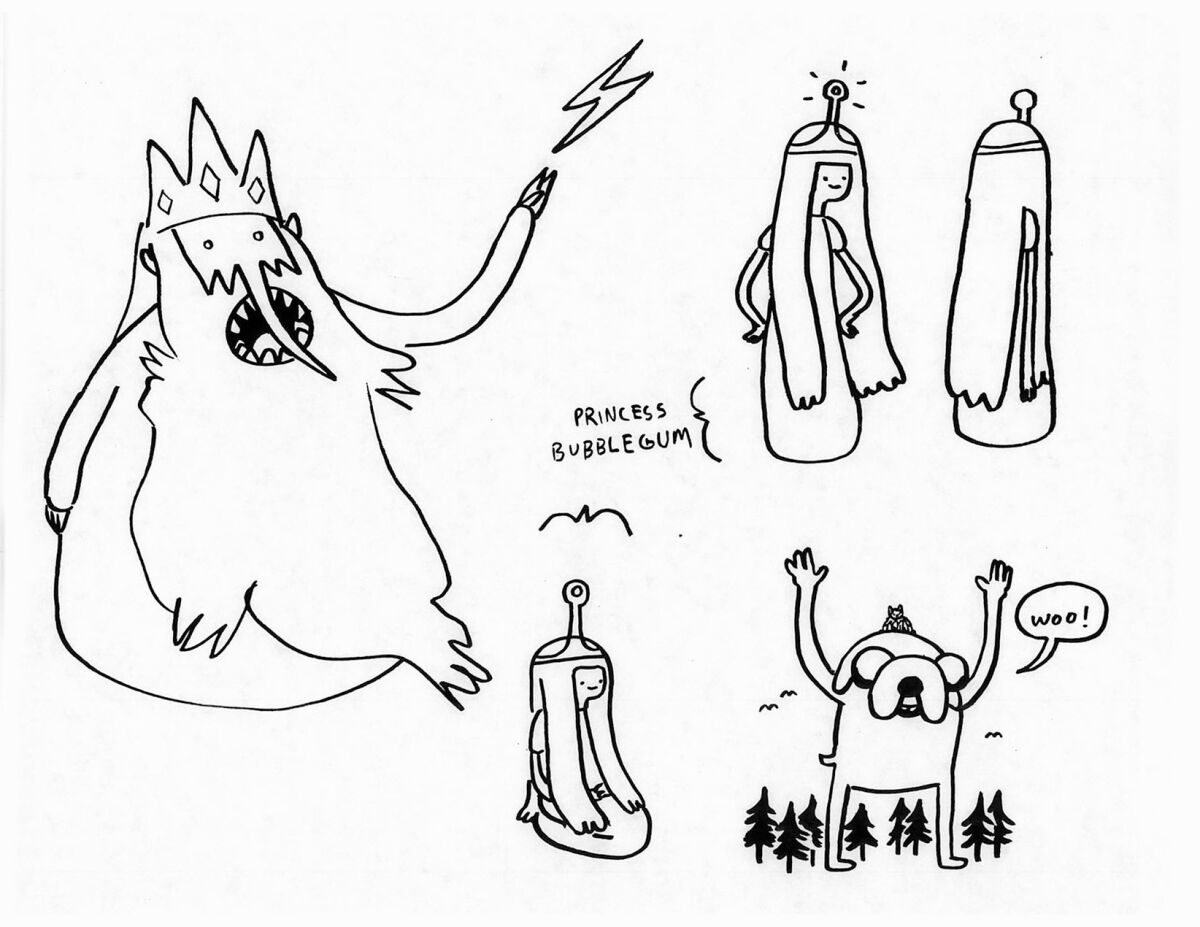 Image from the book " Adventure Time: The Art of Ooo " that show how to draw Adventure Time characters by creator Pendleton Ward. Pictured are sketches of Ice King, Jake the Dog, and Princess Bubblegum. The book is an extensive look at concept art, storyboards, early character sketches, background paintings, and the series' show bible."