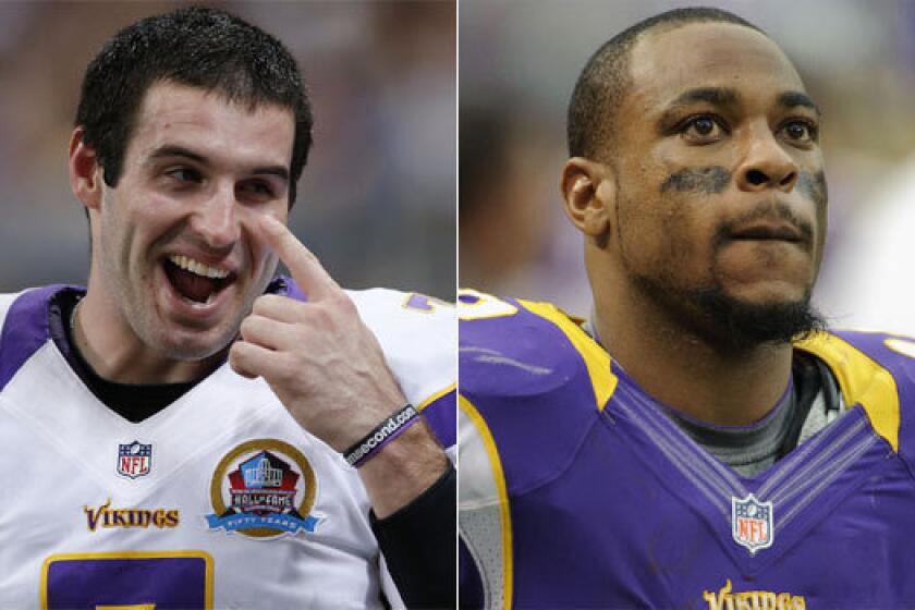 Quarterback Christian Ponder, left, remains in Minnesota, while receiver Percy Harvin has been traded to Seattle.