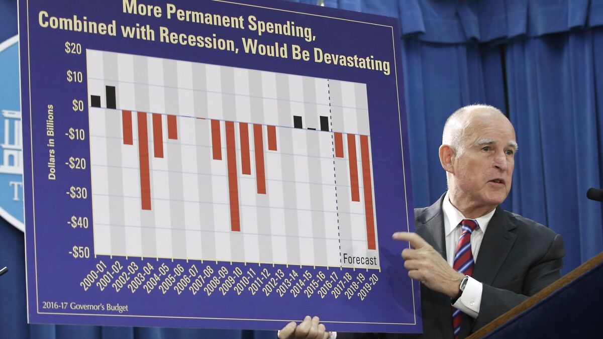 Gov. Jerry Brown warns against long-term spending at a news conference on Jan. 7, 2016.
