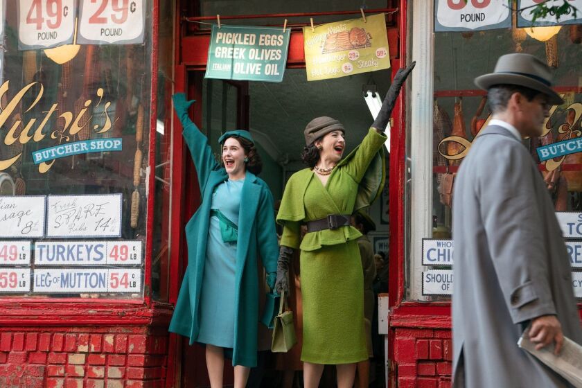 Rachel Brosnahan, left, and Marin Hinkle in a scene from Season No. 2 of "The Marvelous Mrs. Maisel."