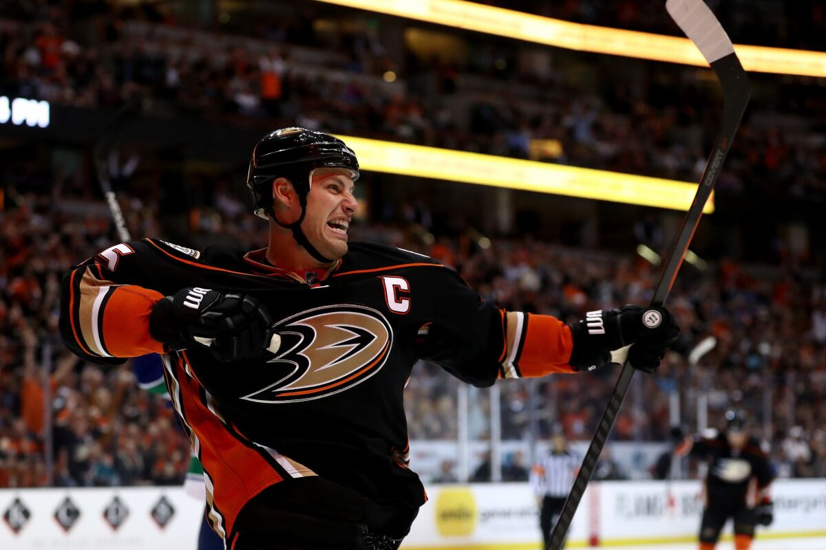 Ducks center Ryan Getzlaf reacts to his team scoring a goal during the third period against the Vancouver Canucks on Oct. 23.