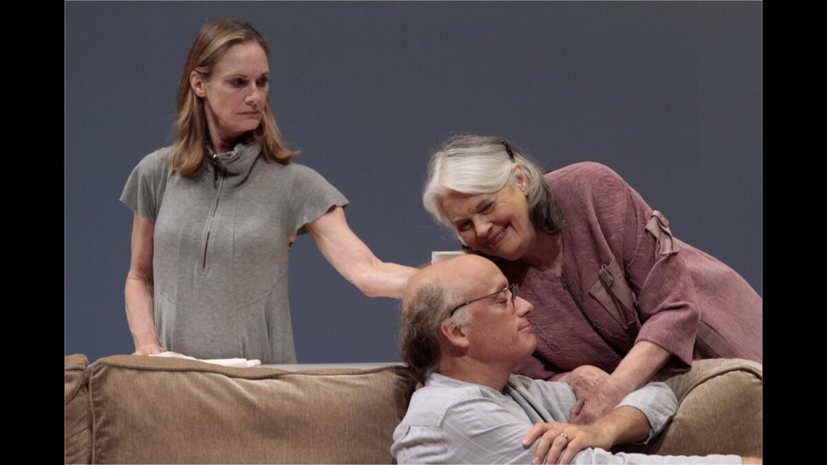 Lisa Emery, left, as Tess, Lois Smith as Marjorie and Frank Wood as Jon in the world premiere of "Marjorie Prime" at the Mark Taper Forum in Los Angeles.