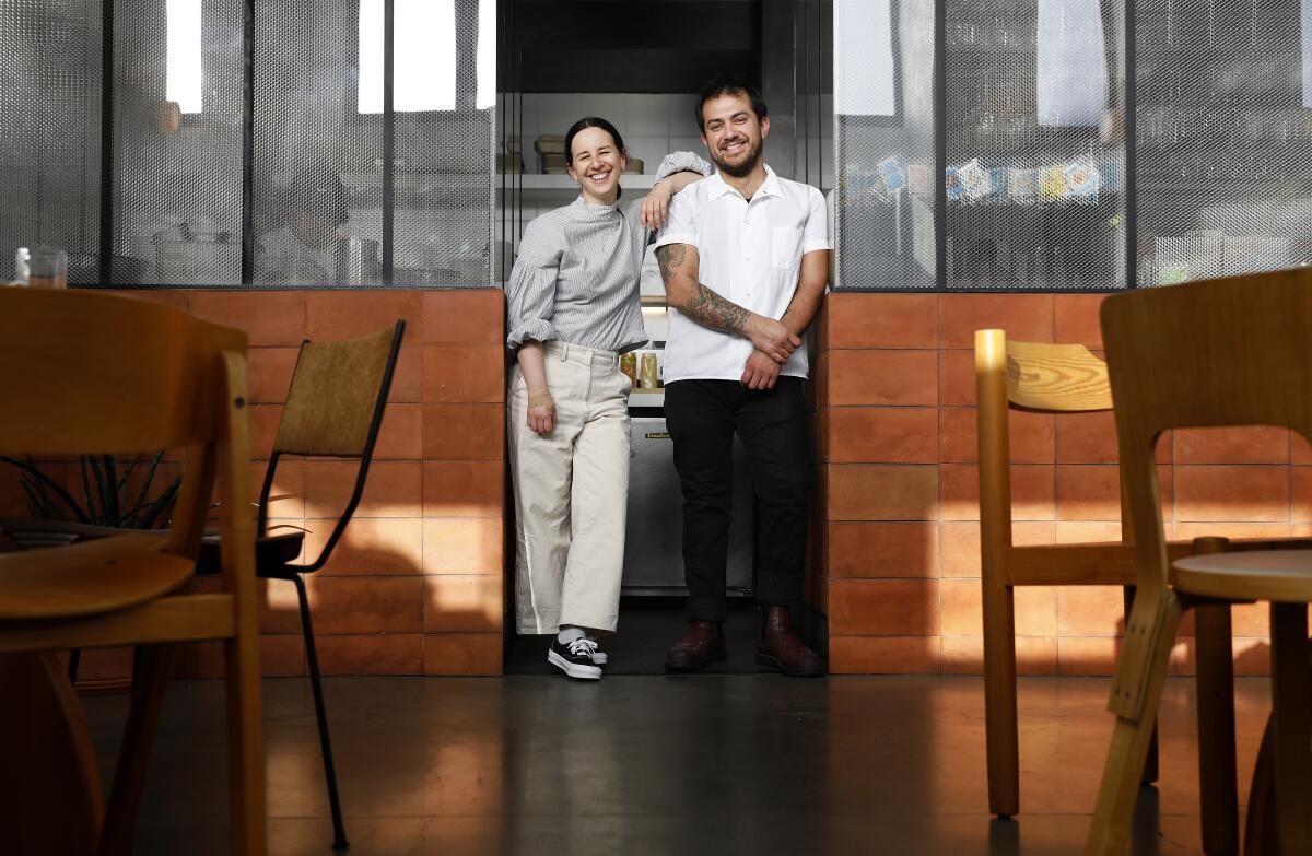 Chef/partner Jessica Koslow, left, and chef de cuisine Balo Orozco pose for a portrait at Onda in Santa Monica.