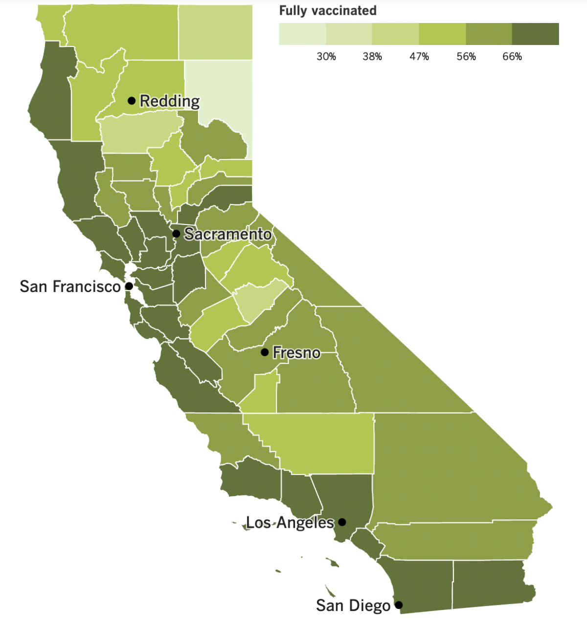 A map showing California's COVID-19 vaccination progress by county as of Sept. 27, 2022.