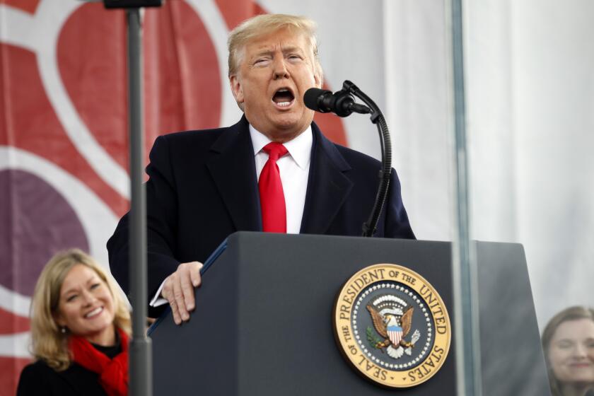 Mandatory Credit: Photo by Yuri Gripas/ABACA POOL/EPA-EFE/REX (10538253r) US President Donald J. Trump delivers remarks at the 47th annual March for Life on the National Mall in Washington, DC, USA, on 24 January 2020. Donald Trump attends March for Life - Washington, Usa - 24 Jan 2020 ** Usable by LA, CT and MoD ONLY **