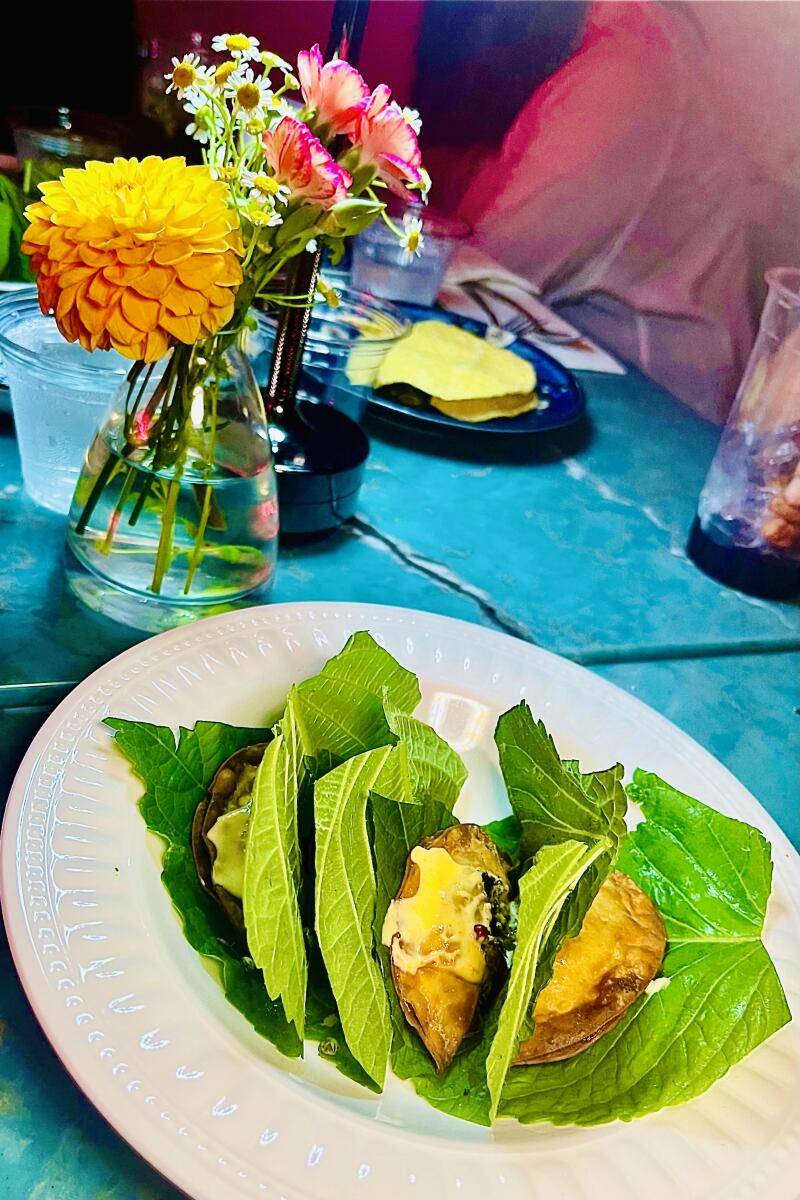 Sesame-leaf-wrapped shrimp dumplings with tiger milk aioli at Richard Zarate's Hummingbird Ceviche House in Echo Park.