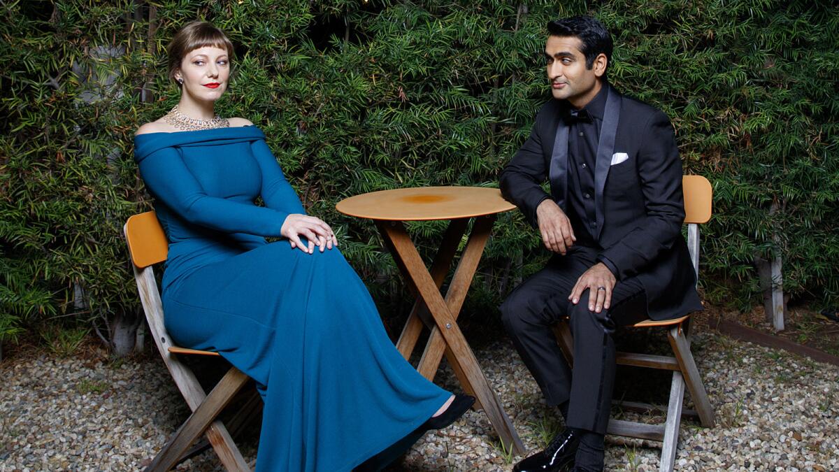 Emily V. Gordon and Kumail Nanjiani, writers of "The Big Sick," shortly before leaving home Saturday for the Governors Awards.