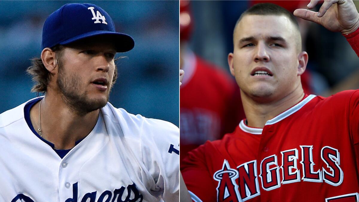Dodgers ace Clayton Kershaw and Angels star Mike Trout met for the first time in a regular-season game on Tuesday.
