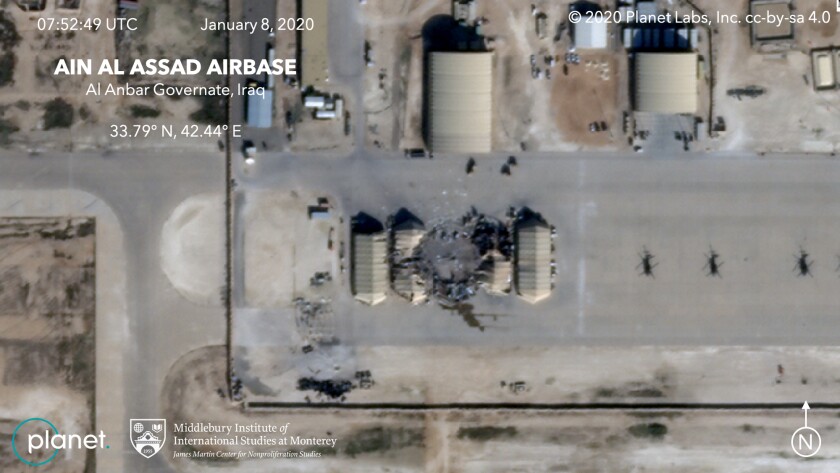 Missile strike damage at Asad Air Base in Iraq