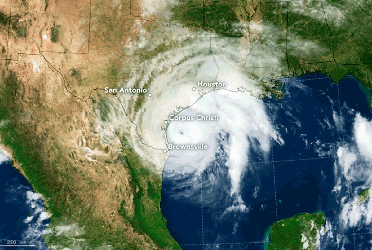 A NASA satellite image shows Hurricane Harvey off the Gulf Coast. (NASA)