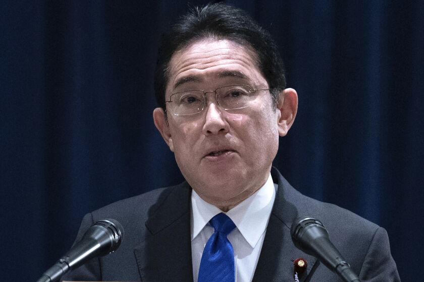 FILE - Japanese Prime Minister Fumio Kishida speaks during a news conference in Washington, Jan. 14, 2023. (AP Photo/Jose Luis Magana, File)