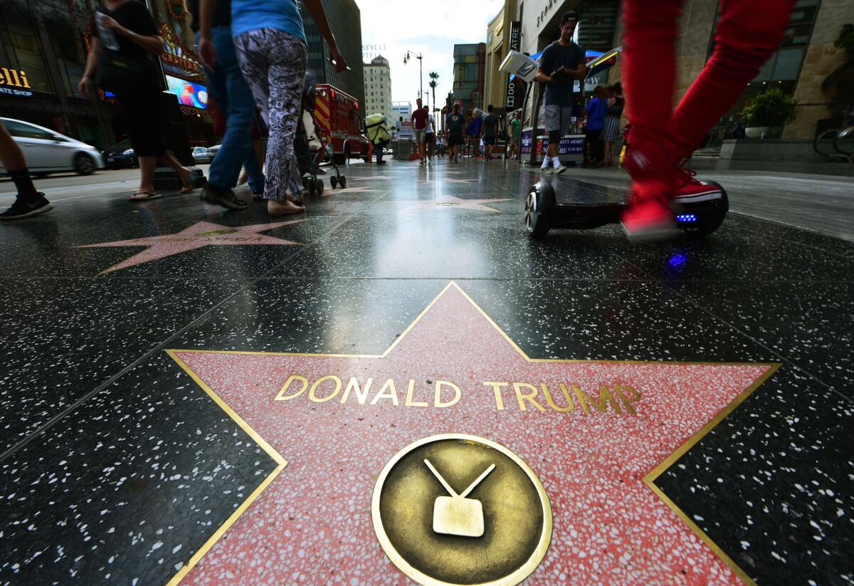 Republican presidential candidate Donald Trump's star on the Hollywood Walk of Fame, which he received in 2007 in the television category.