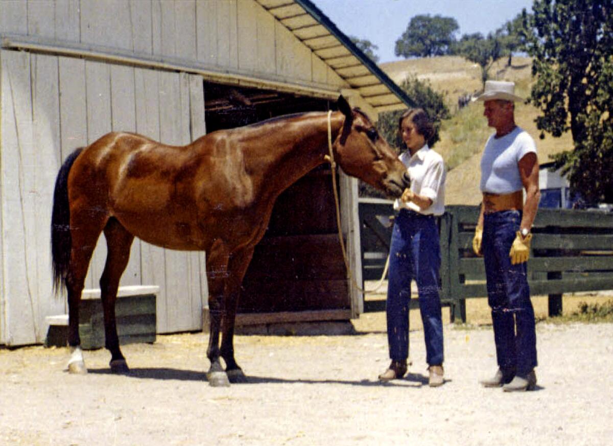 The young Edie Sedgwick with her father, Duke Sedgwick, and Chubb the horse in California.