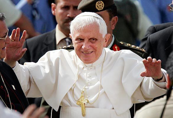 Pope Benedict XVI greets youth on his visit at Lady of Peace Centre on May 8, 2009, in Amman, Jordan. His trip to the Middle East will include visits to the West Bank and Israel.