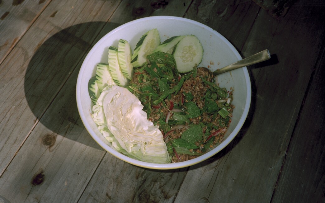 L.A. River carp larb prepared on a backyard grill by Kris Yenbamroong, chef and owner of Night + Market.