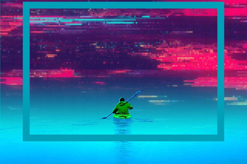 a person in a canoe paddles toward an ominous, glitchy horizon