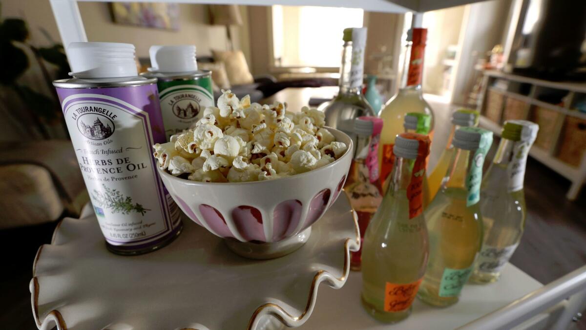 Popcorn and drinks on the Oscars night bar cart.