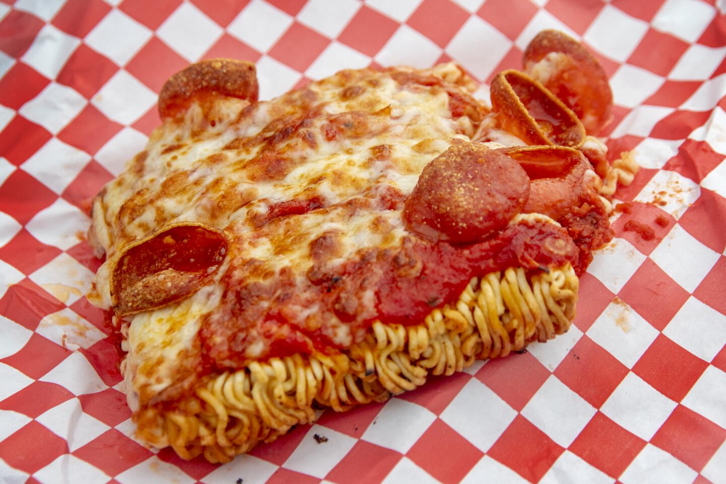 Sgt. Pepperoni's served ramen pizza at Sunday's Nood Beach noodle festival in Huntington Beach.
