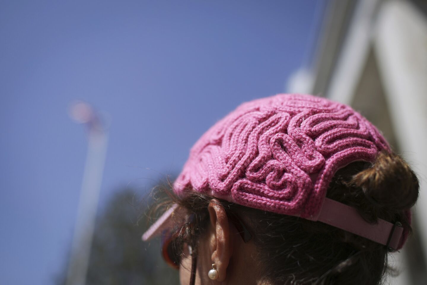 A woman wears a "brain" hat to the March for Science in Athens, Ga.