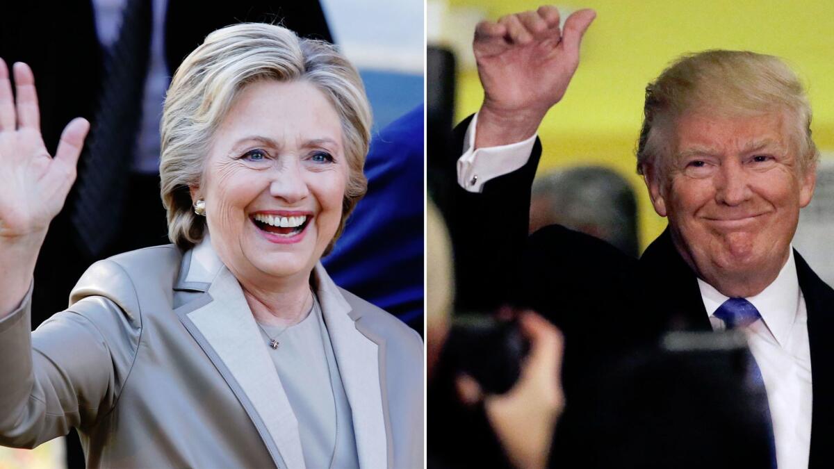 Left: Hillary Clinton greets supporters after casting her vote in Chappaqua, NY. Right: Donald Trump waves to reporters after voting at Public School 59 in New York City.