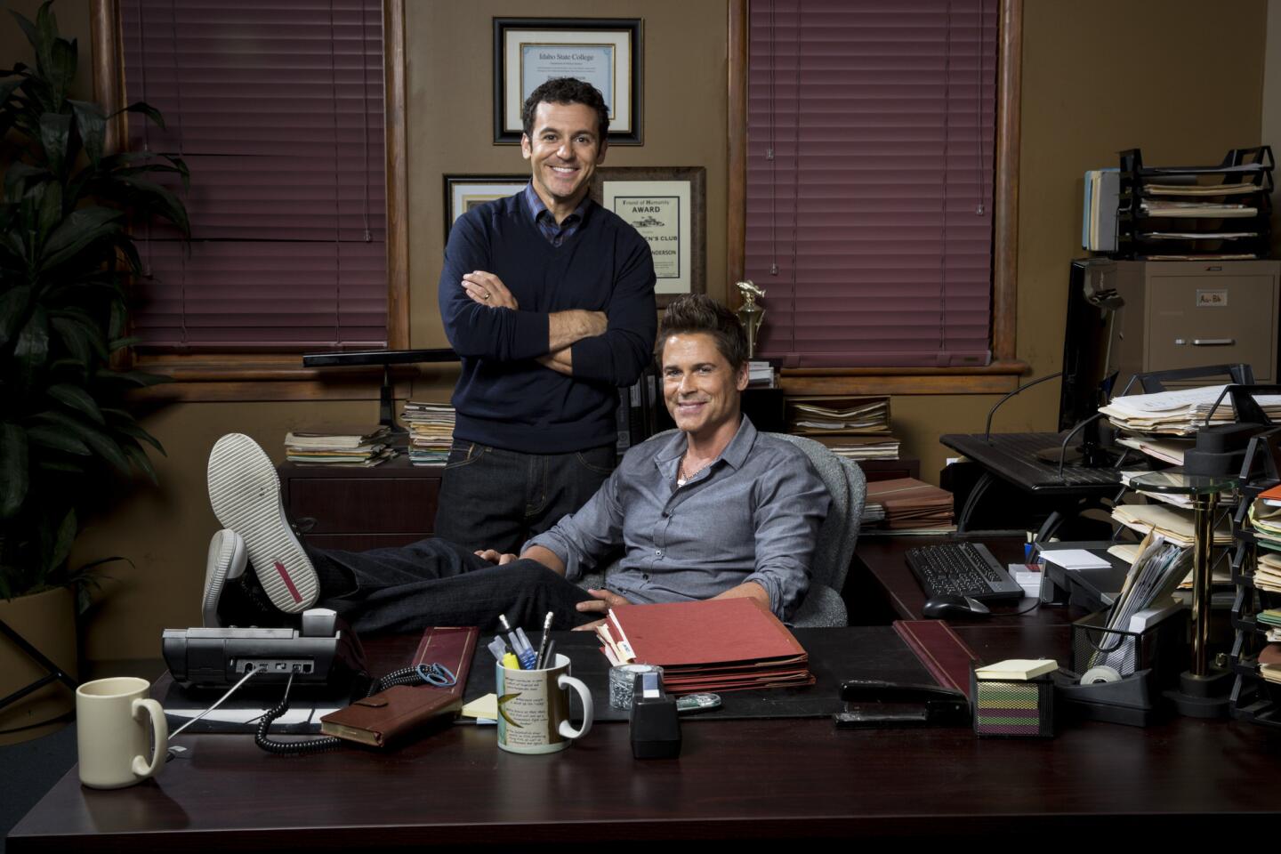 Fred Savage, left and Rob Lowe on the set of "The Grinder."