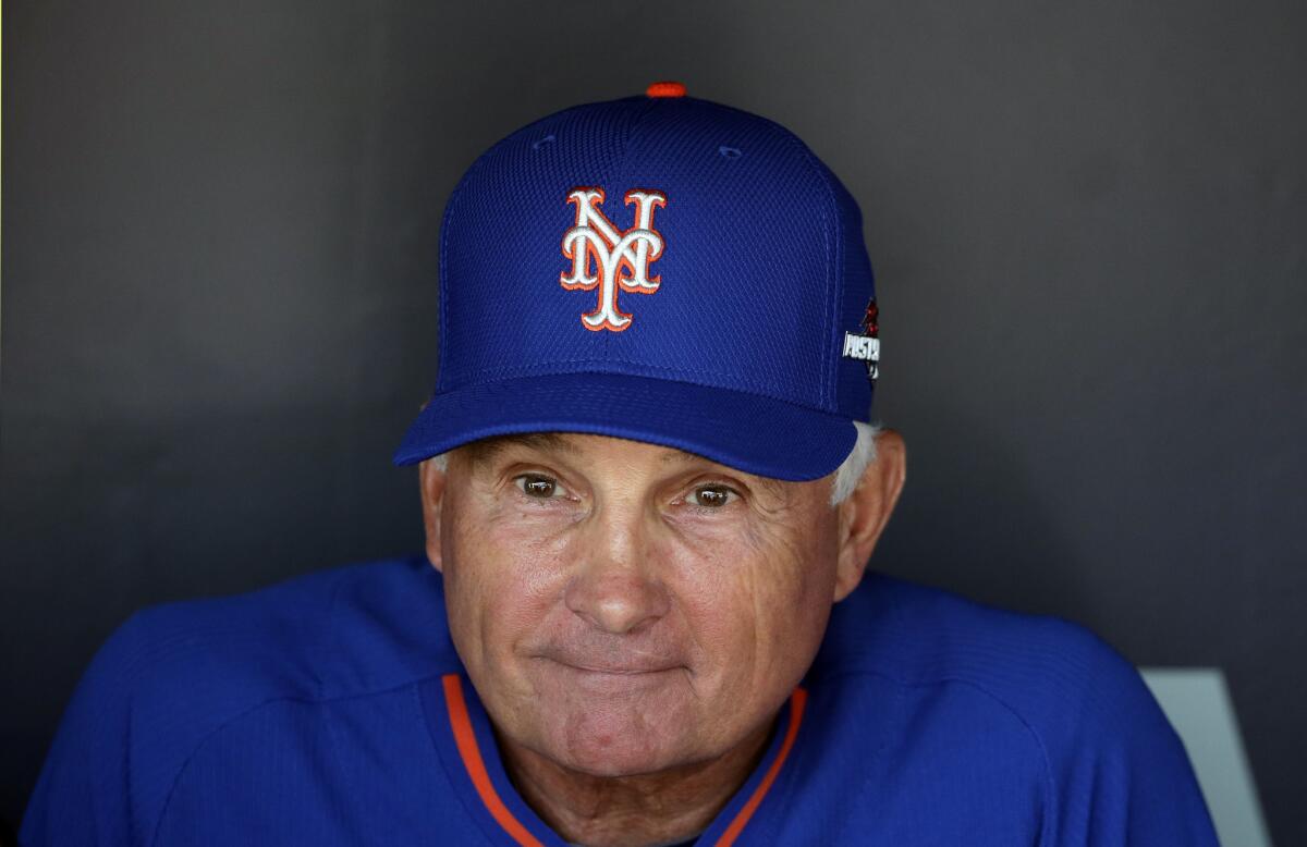 New York Mets Manager Terry Collins talks with the media before a workout ahead of the National League division series against the Dodgers.