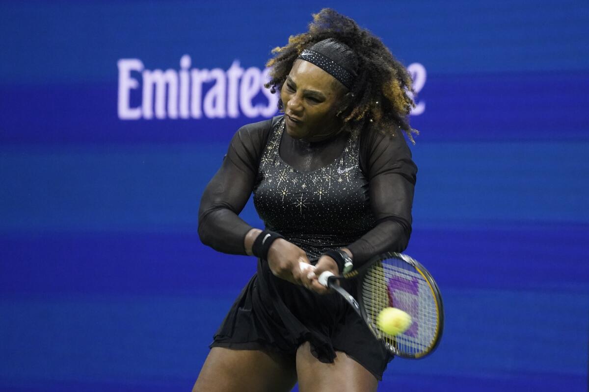 Serena Williams returns a shot to Ajla Tomljanovic during the third round of the U.S. Open.