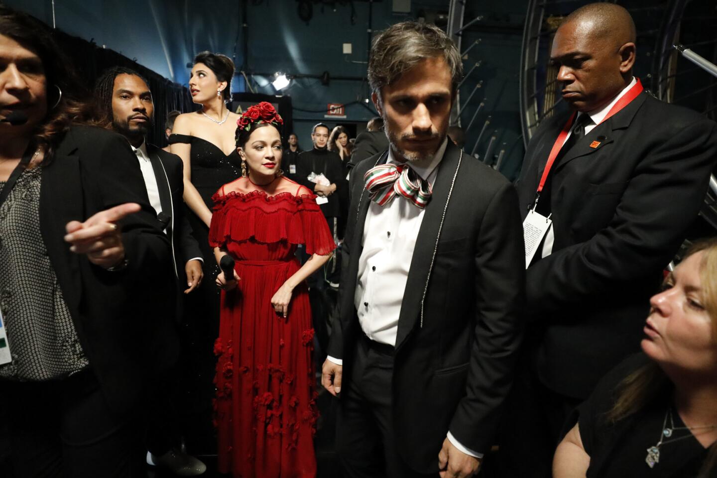 Gael Garcia Bernal backstage at the 90th Academy Awards on Sunday at the Dolby Theatre.