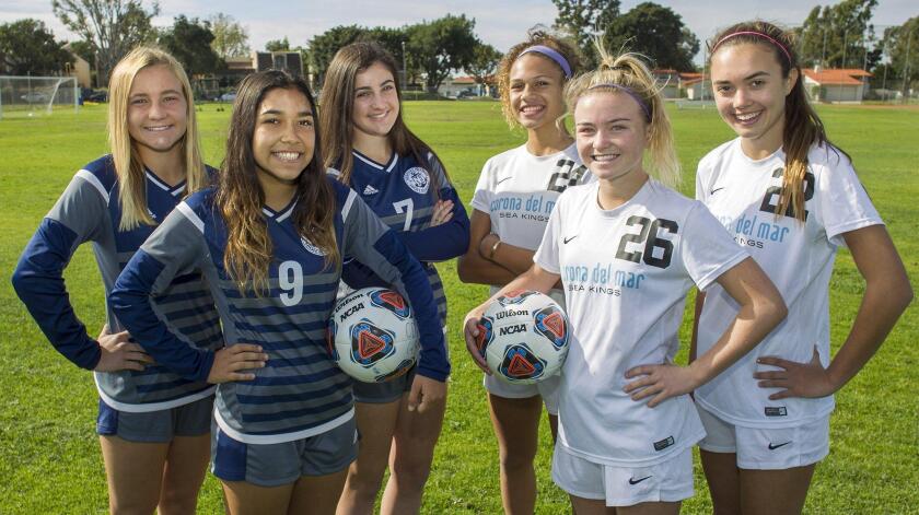 Newport Beach high school varsity freshmen girls’ soccer players, from left, Newport Harbor High’s Makenzie Trigo, Skylynn Rodriguez, and Sadie Pitchess and Corona del Mar’s Trinity Rodman, Megan Chelf and Alex Ianni are all key players who have contributed to their teams’ fast starts.