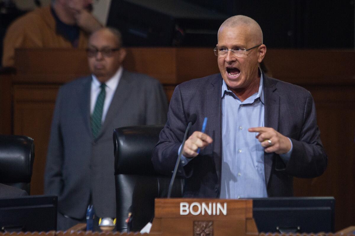 Mike Bonin speaks into a microphone at a podium