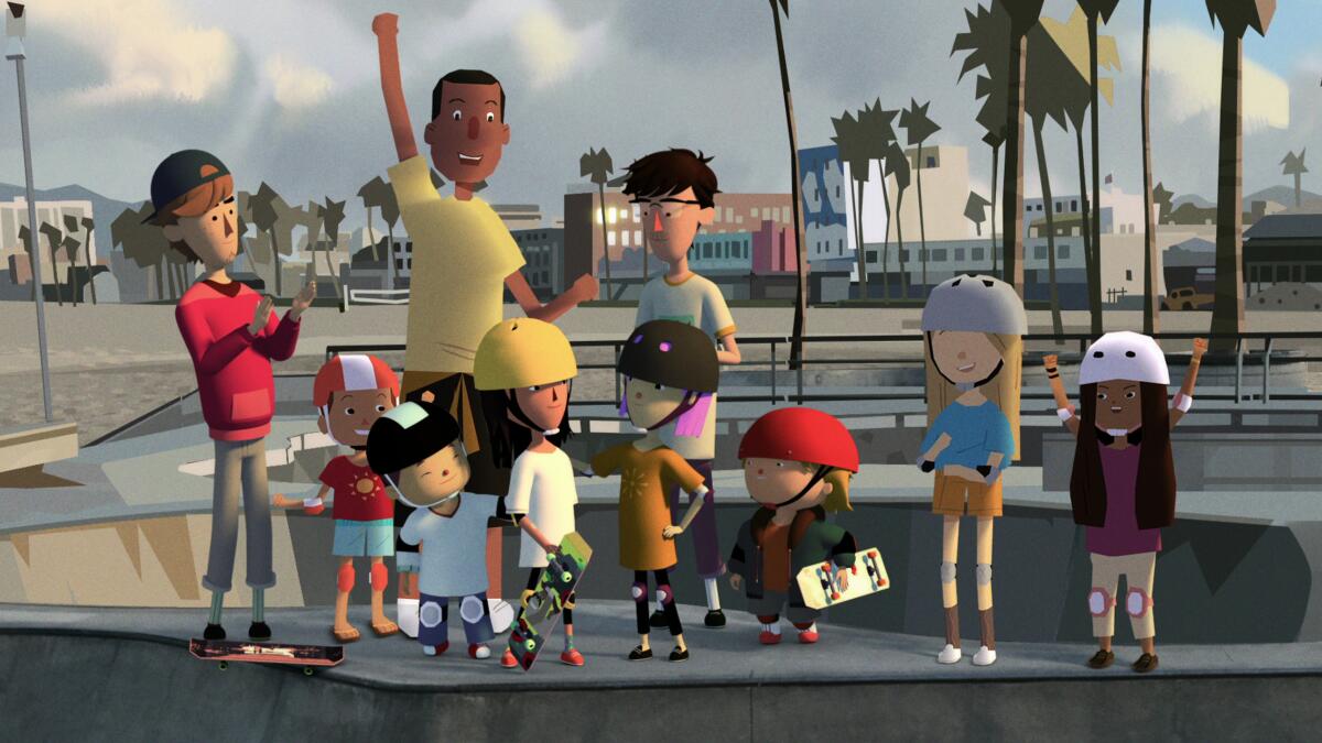 In an animated scene, adults cheer on children in skateboarding gear at a skate park.