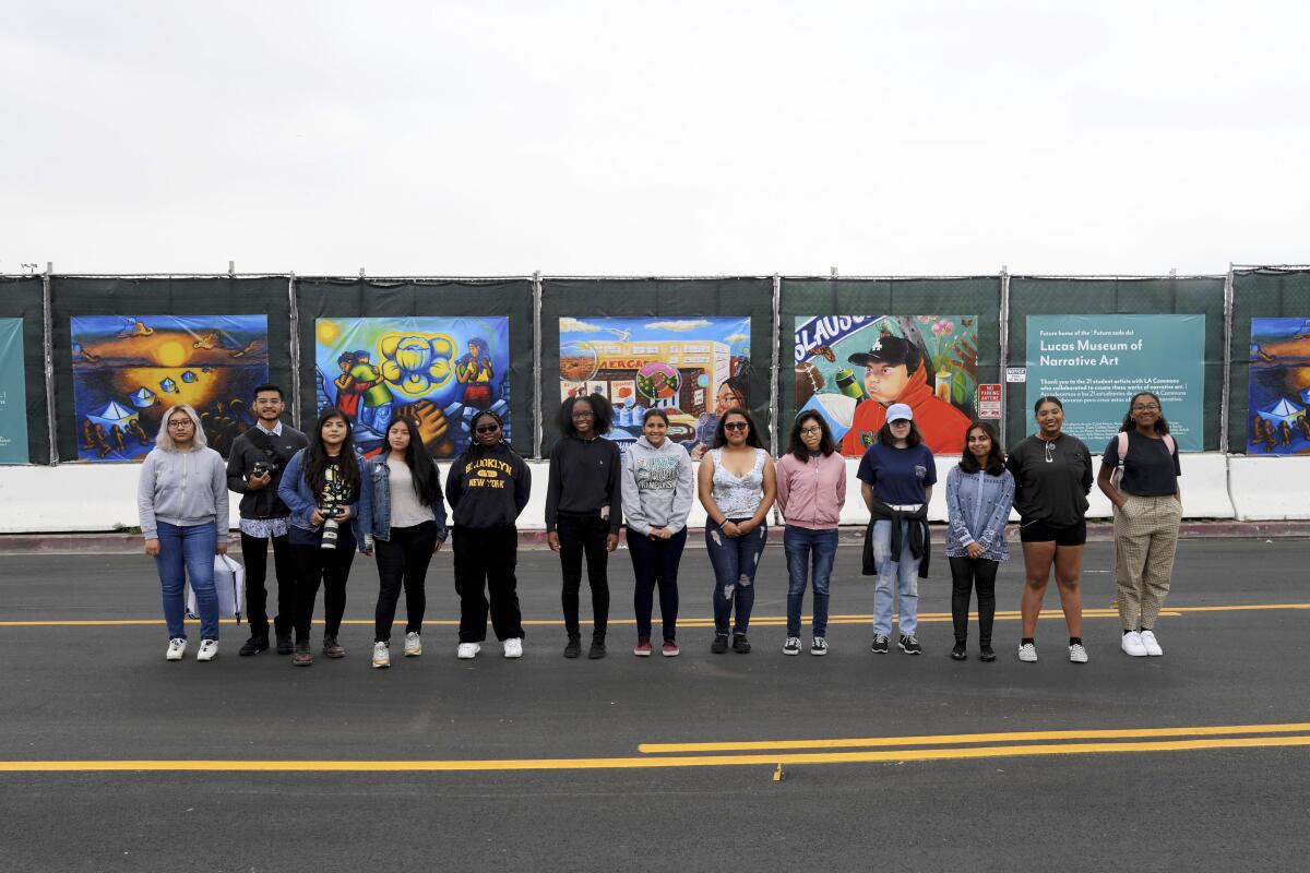 Participants of the Lucas Museum and LA Commons construction fence project, along Bill Robertson Lane.