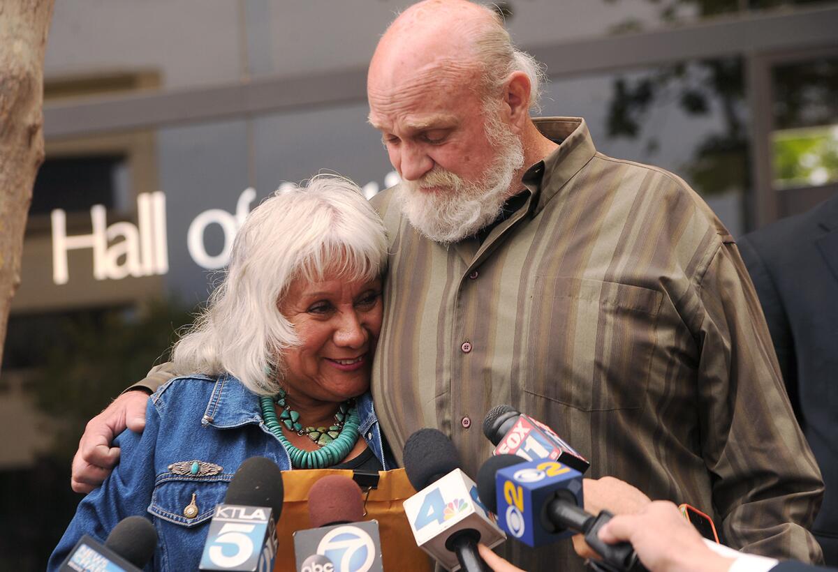 Michael Hanline and his wife Sandy after his case was dismissed in Ventura in April. He had served 34 years of a life sentence for murder.