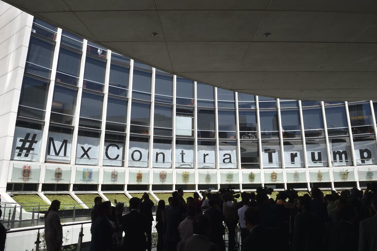 A building in the Mexican Senate complex displays a hashtag against U.S. Republican presidential candidate Donald Trump in Mexico City last month.