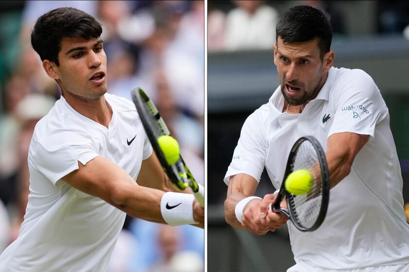 Carlos Alcaraz, left, and Novak Djokovic during their respective Wimbledon semifinal matches on July 12, 2024.