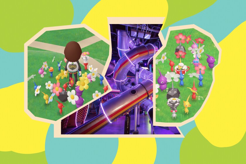 A detail of Meow Wolf's Omega Mart installation and the AR step counter "Pikmin Bloom."