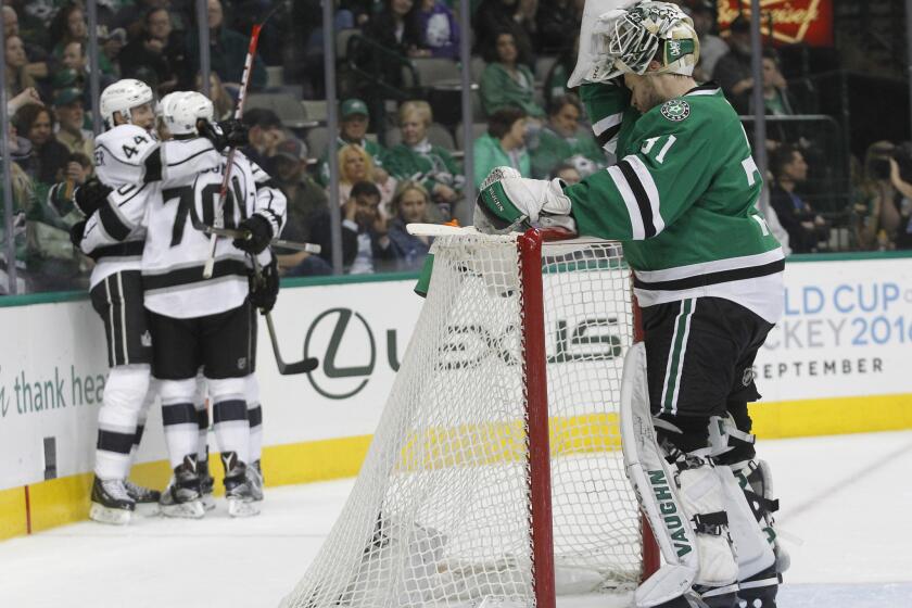 Stars goalie Antti Niemi takes off his helmet after giving up a goal to Kings forward Trevor Lewis during the second period of a game on March 15.