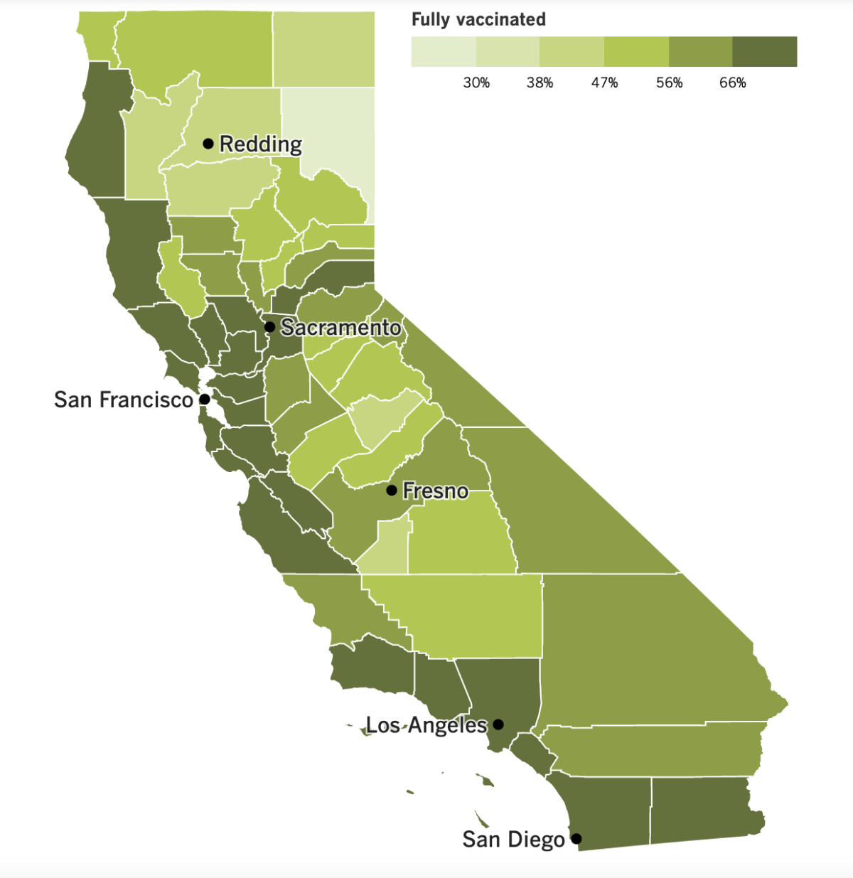 A map showing California's COVID-19 vaccination progress by county as of May 17, 2022.